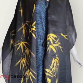 Black ramie scarf hand-painted with bamboo and crane